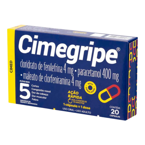 Analgésico, Antitérmico e Antigripal CIMEGRIPE 400mg + 4mg + 4mg 20 Cápsulas - Image 2