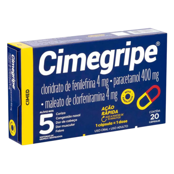 Analgésico, Antitérmico e Antigripal CIMEGRIPE 400mg + 4mg + 4mg 20 Cápsulas - Image 3