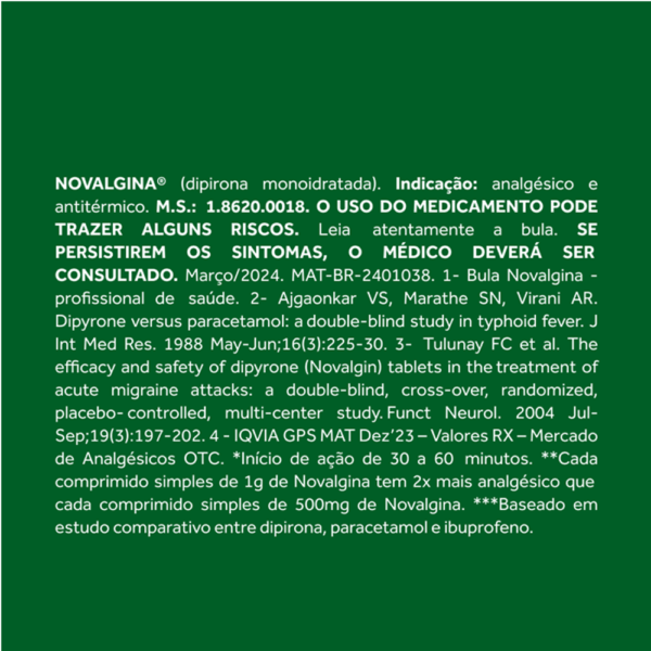 Analgésico e Antitérmico NOVALGINA 1g Dipirona Adulto 10 comprimidos - Image 5